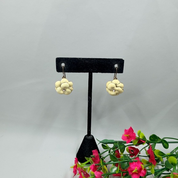 Jewelry - Cream Enamel Floral Drop Earrings in Cream - Designer Style with Crystal Accents